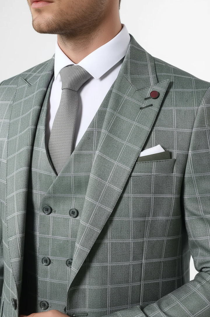 Ekose Yeşil Kombinli Yelekli Takım Elbise | Wessi