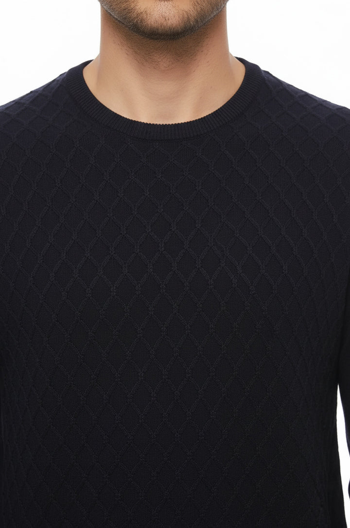 Lacivert  Baklava Desenli Bisiklet Yaka Kazak - Wessi