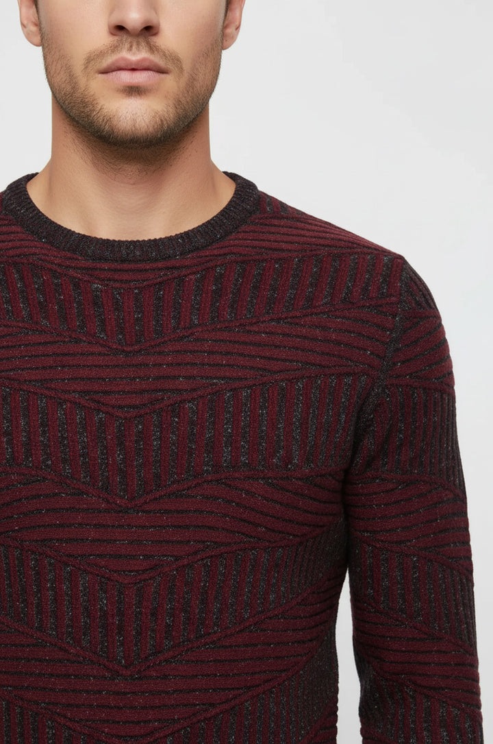 Bordo Bisiklet Yaka Kendinden Desenli Triko - Wessi