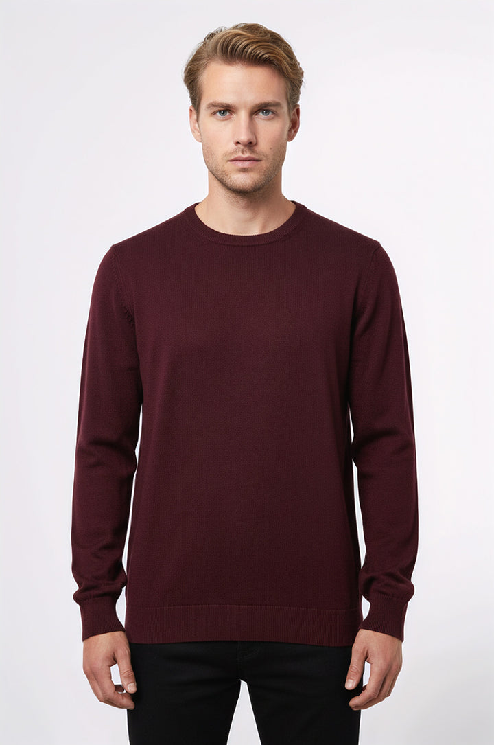 Bisiklet Yaka Desensiz Uzun Kollu Bordo Erkek Triko - Wessi