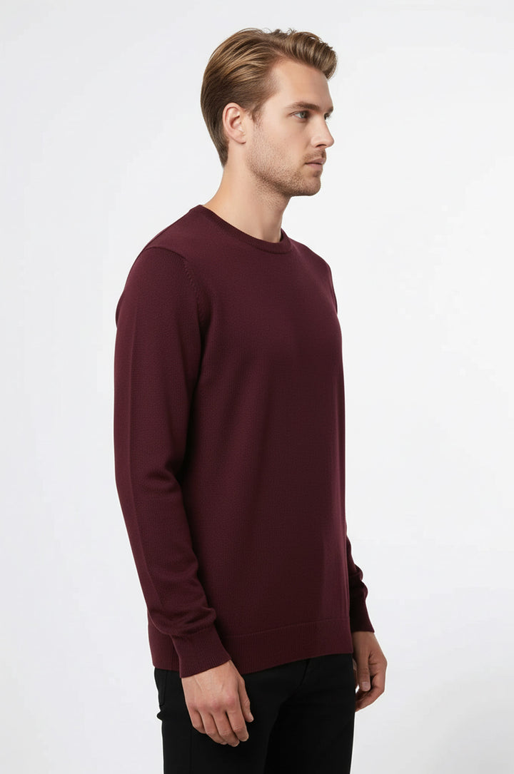 Bisiklet Yaka Desensiz Uzun Kollu Bordo Erkek Triko - Wessi