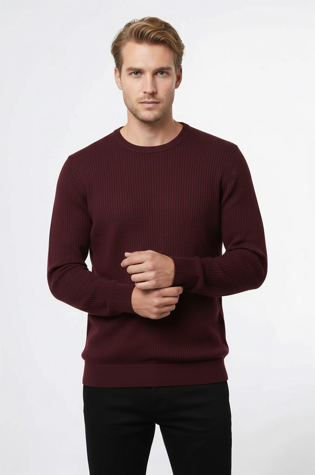 Bisiklet Yaka Desensiz Uzun Kollu Bordo Erkek Triko - Wessi
