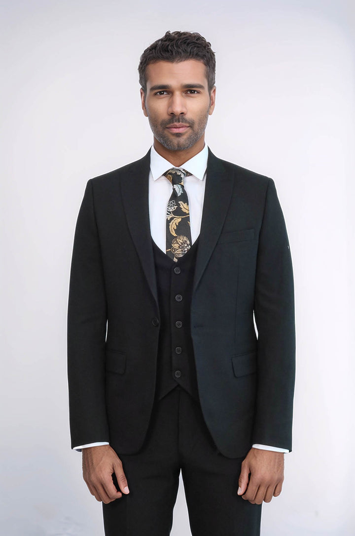 Tek Düğmeli Slim Fit Siyah Yelekli Erkek Takım Elbise - Wessi