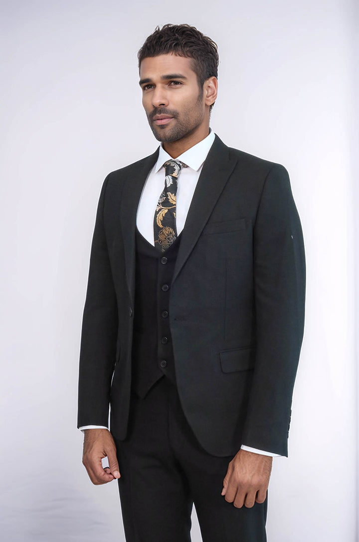 Tek Düğmeli Slim Fit Siyah Yelekli Erkek Takım Elbise - Wessi