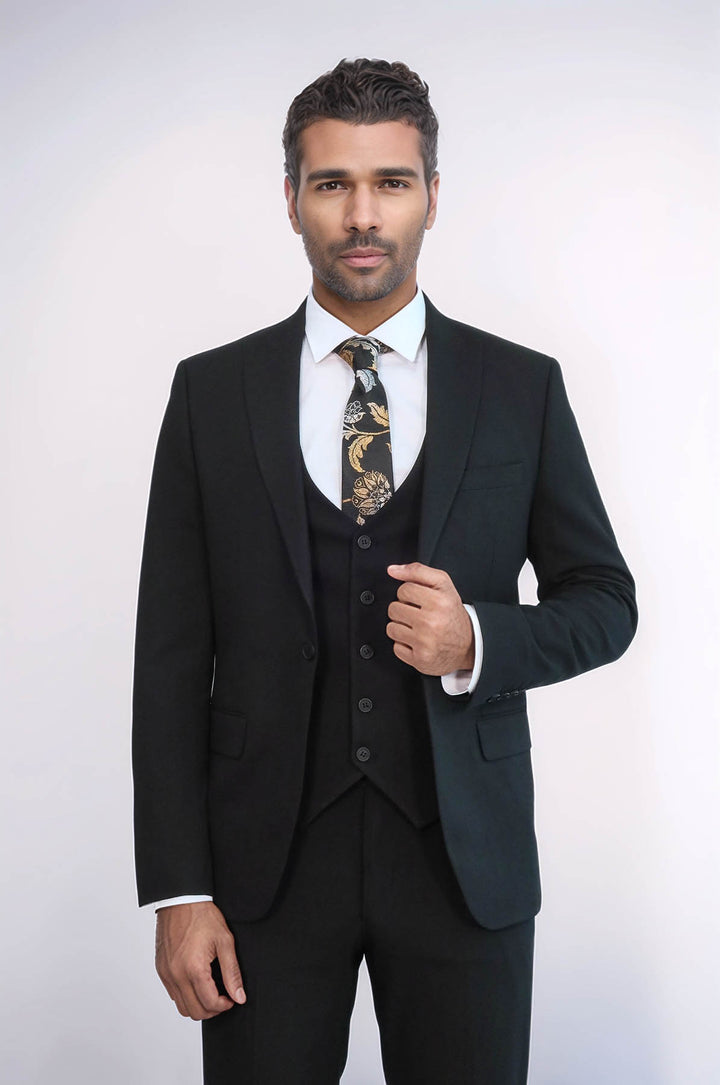 Tek Düğmeli Slim Fit Siyah Yelekli Erkek Takım Elbise - Wessi