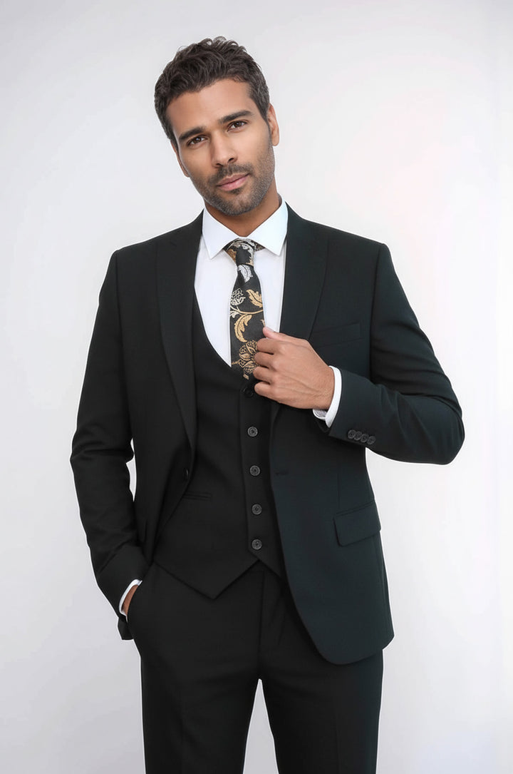 Tek Düğmeli Slim Fit Siyah Yelekli Erkek Takım Elbise - Wessi