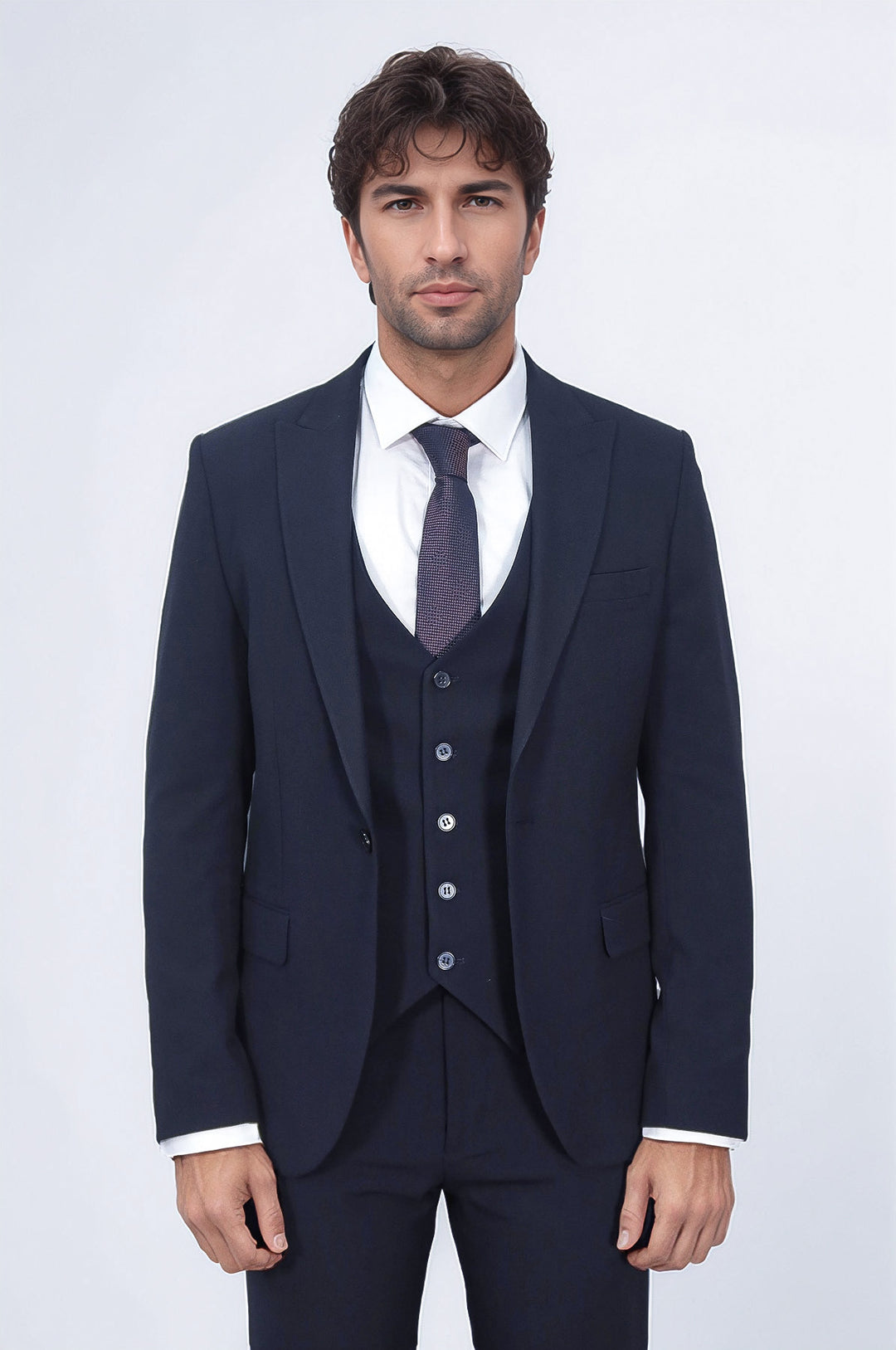 Tek Düğmeli Slim Fit Lacivert Yelekli Erkek Takım Elbise - Wessi