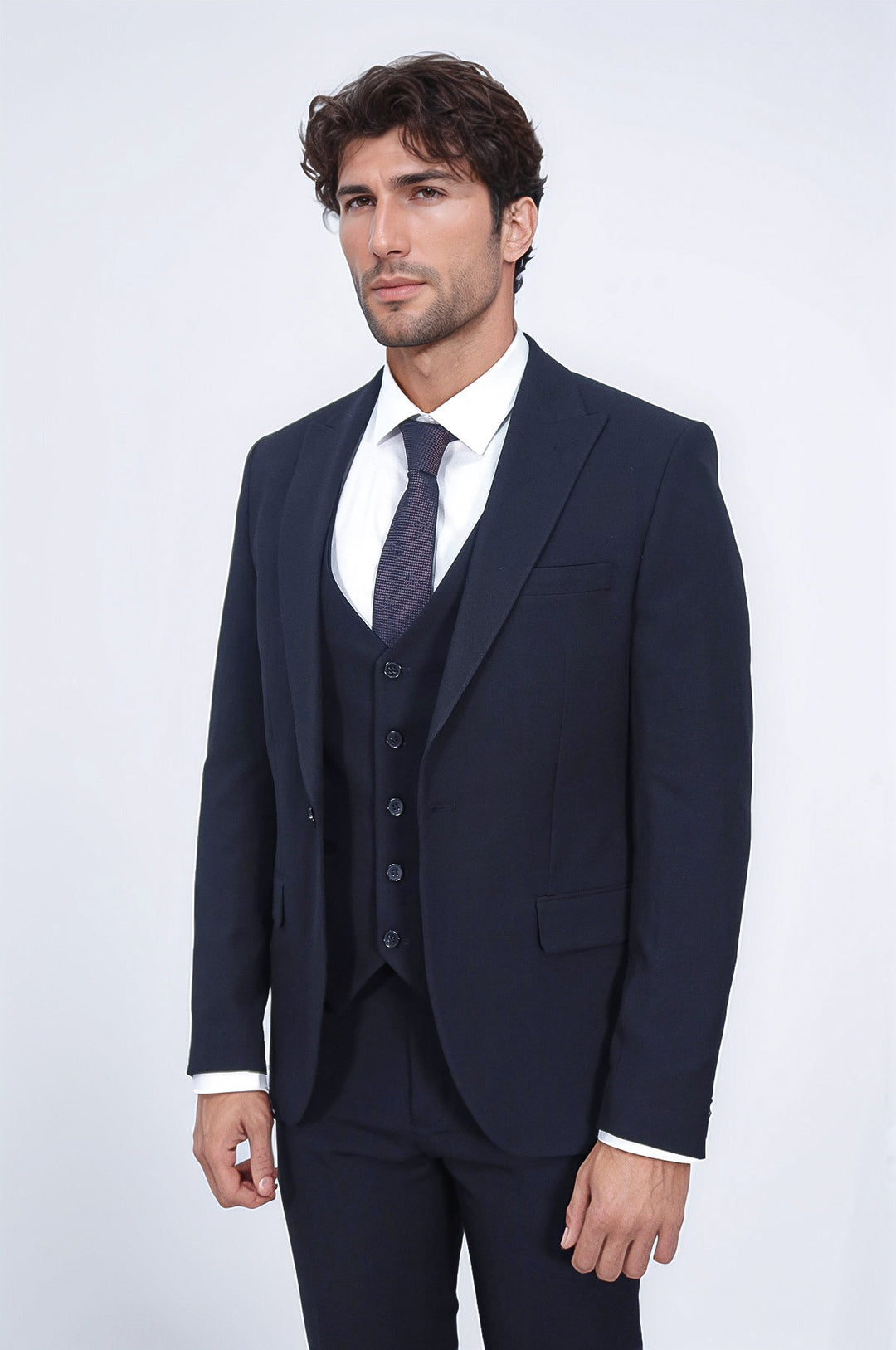 Tek Düğmeli Slim Fit Lacivert Yelekli Erkek Takım Elbise - Wessi