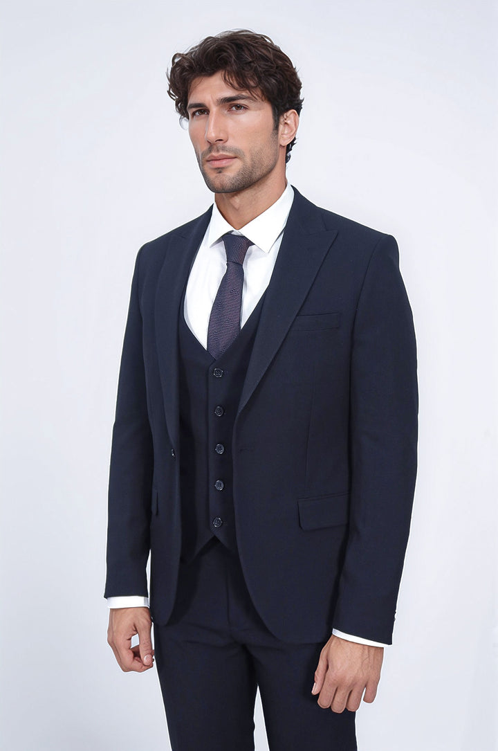 Tek Düğmeli Slim Fit Lacivert Yelekli Erkek Takım Elbise - Wessi