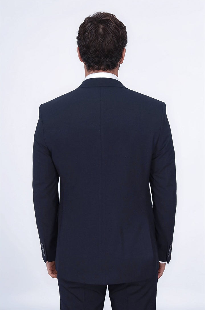 Tek Düğmeli Slim Fit Lacivert Yelekli Erkek Takım Elbise - Wessi