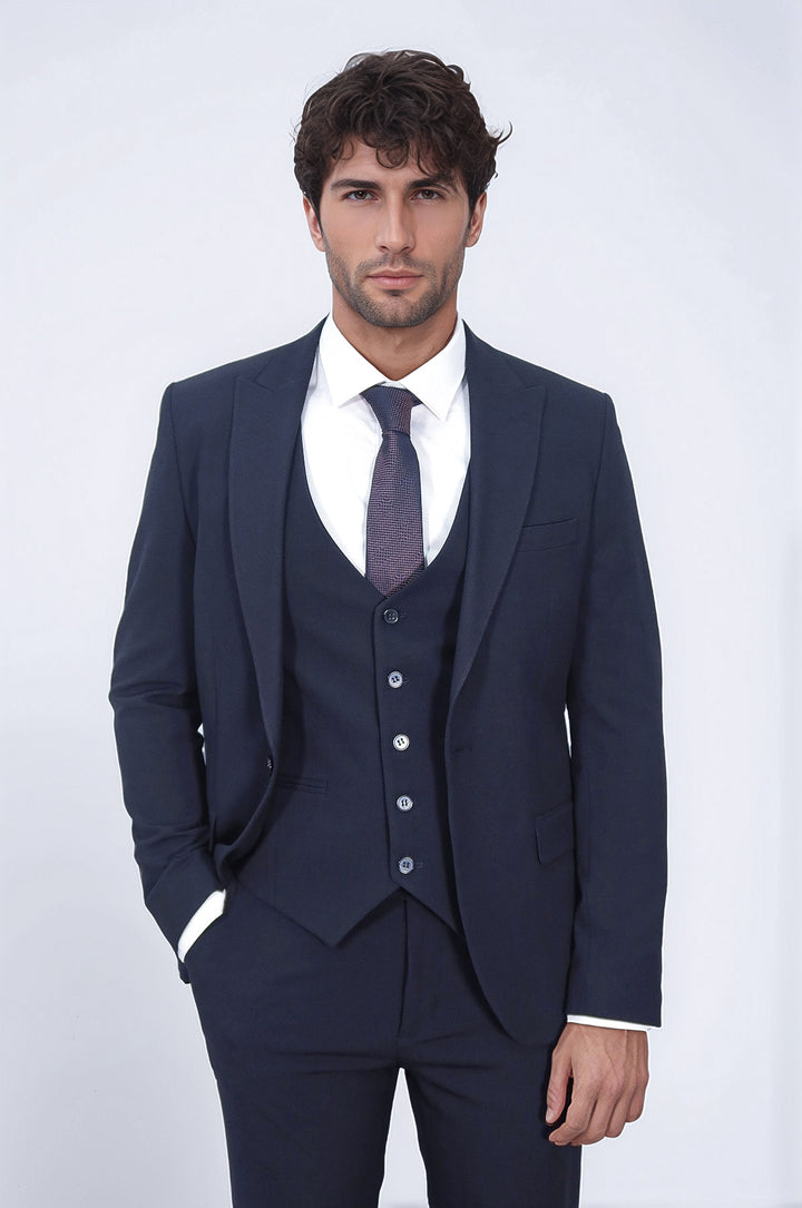 Tek Düğmeli Slim Fit Lacivert Yelekli Erkek Takım Elbise - Wessi