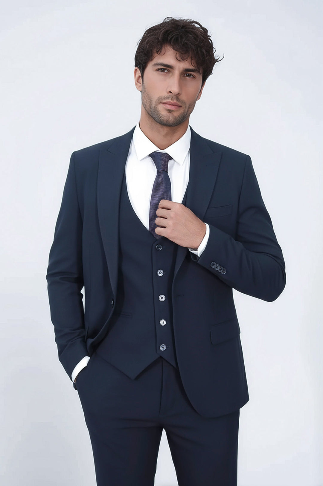 Tek Düğmeli Slim Fit Lacivert Yelekli Erkek Takım Elbise - Wessi