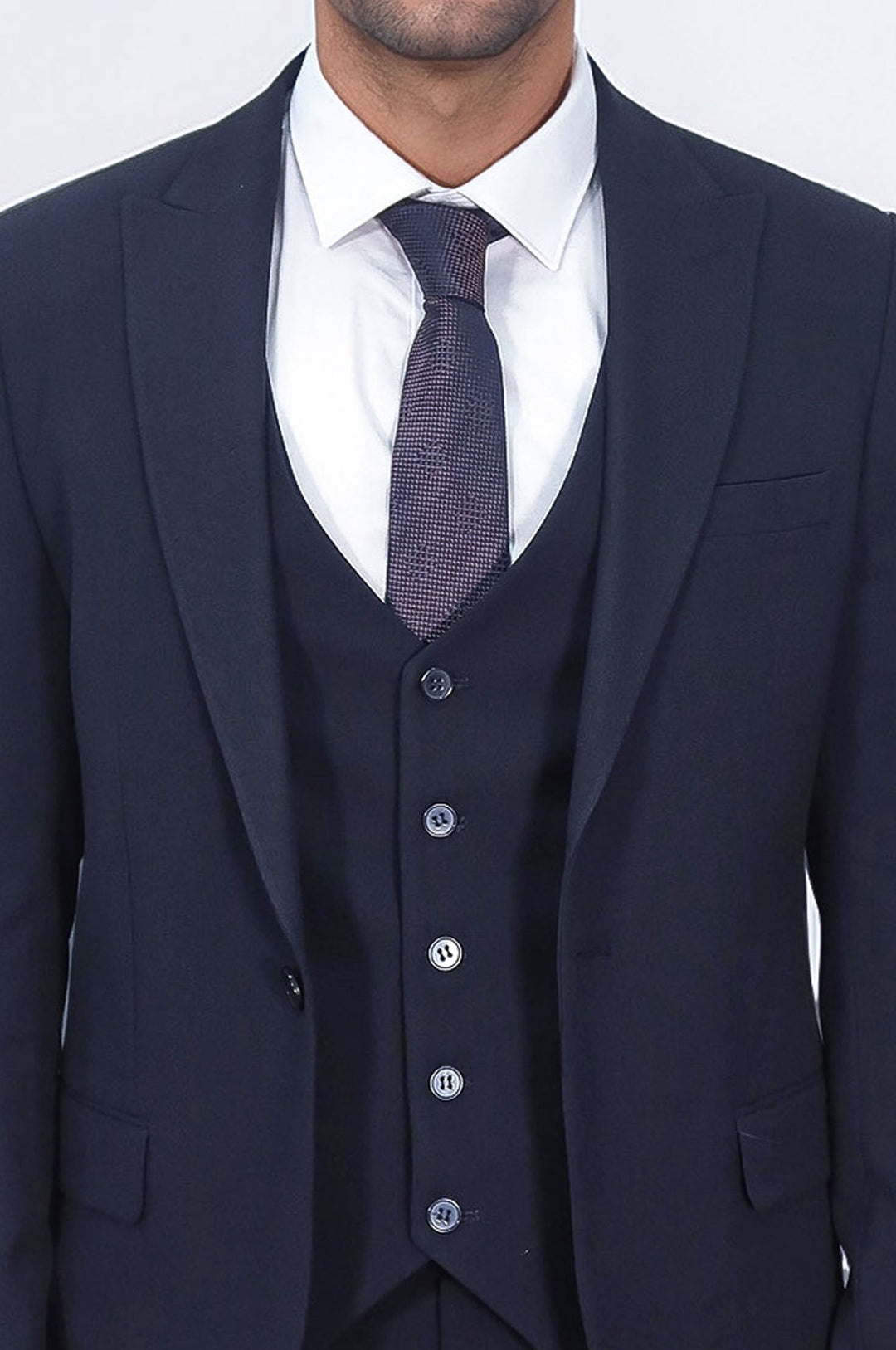 Tek Düğmeli Slim Fit Lacivert Yelekli Erkek Takım Elbise - Wessi