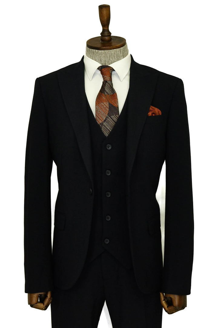 Tek Düğmeli Slim Fit Lacivert Yelekli Erkek Takım Elbise - Wessi
