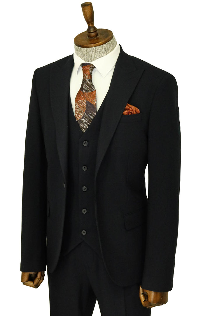Tek Düğmeli Slim Fit Lacivert Yelekli Erkek Takım Elbise - Wessi