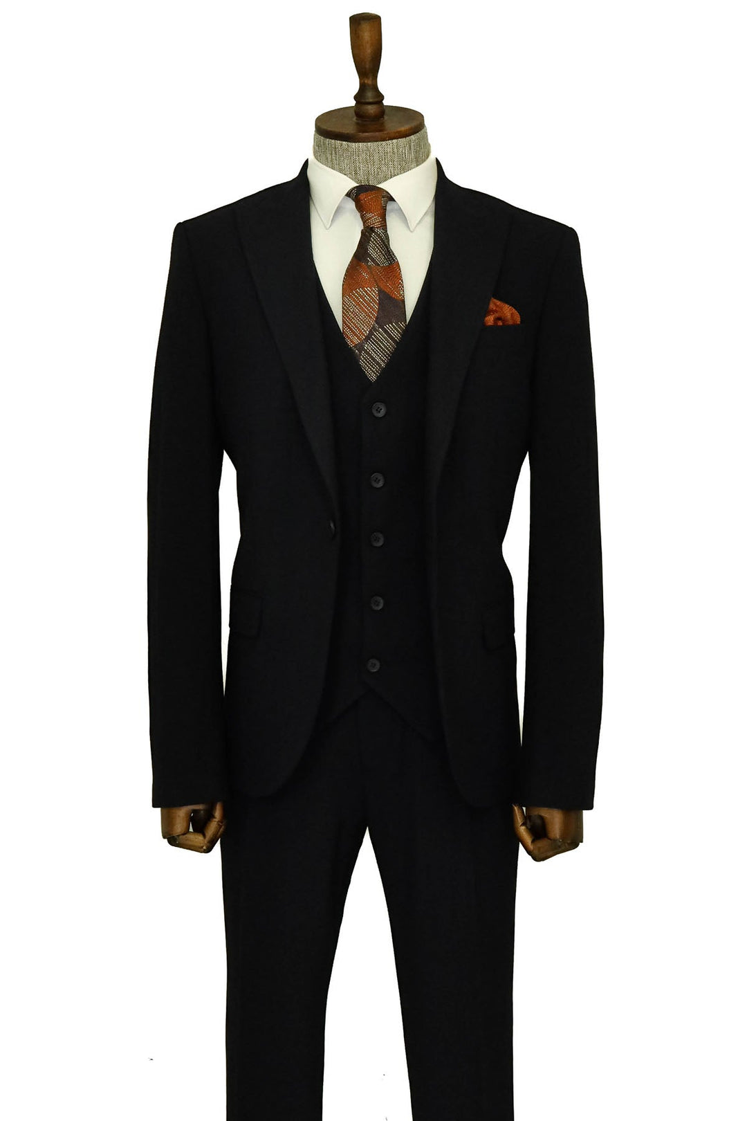 Tek Düğmeli Slim Fit Lacivert Yelekli Erkek Takım Elbise - Wessi