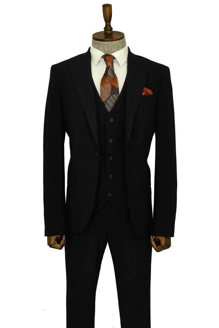 Tek Düğmeli Slim Fit Lacivert Yelekli Erkek Takım Elbise - Wessi