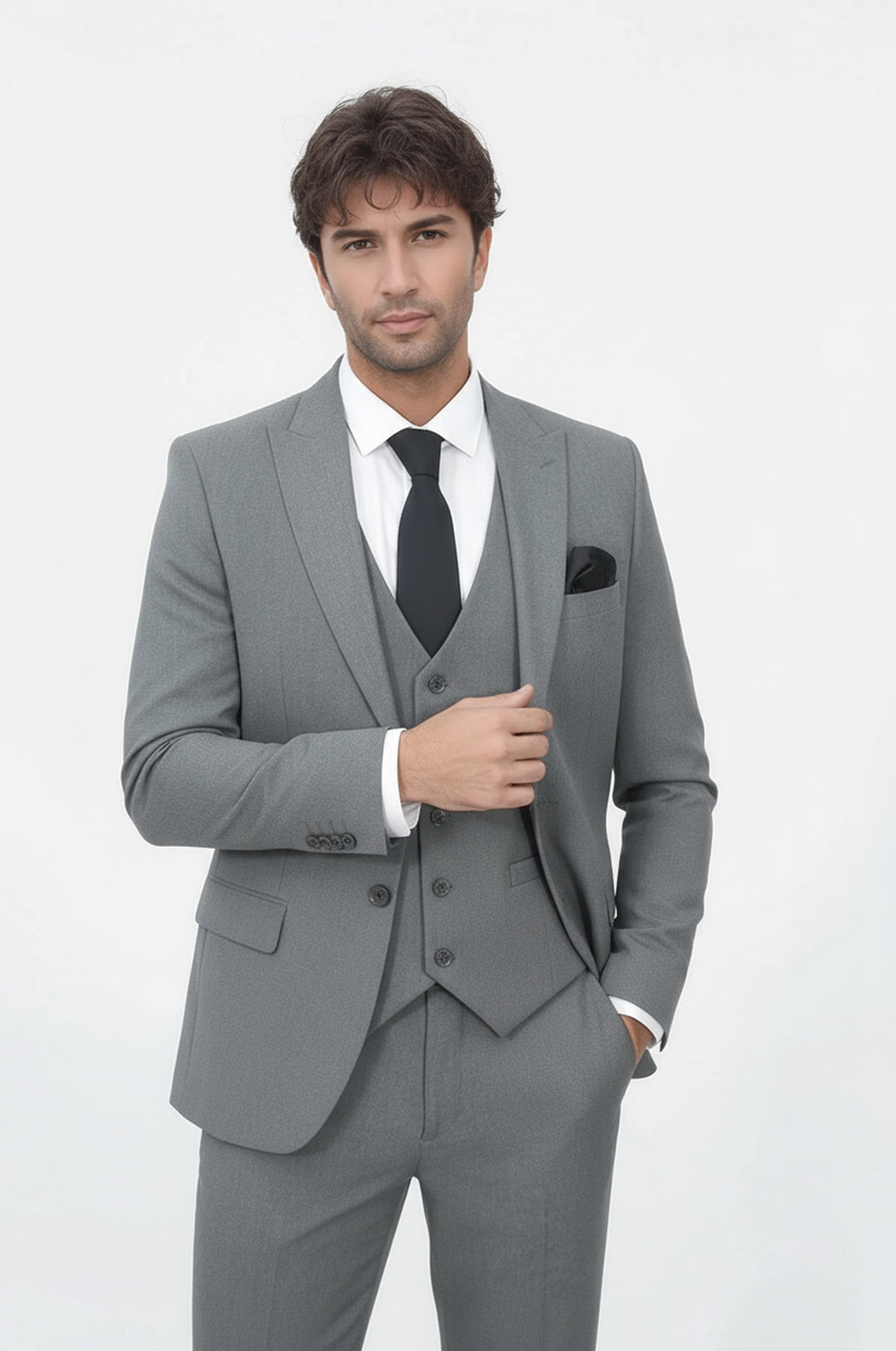 Tek Düğmeli Slim Fit Gri Yelekli Erkek Takım Elbise - Wessi