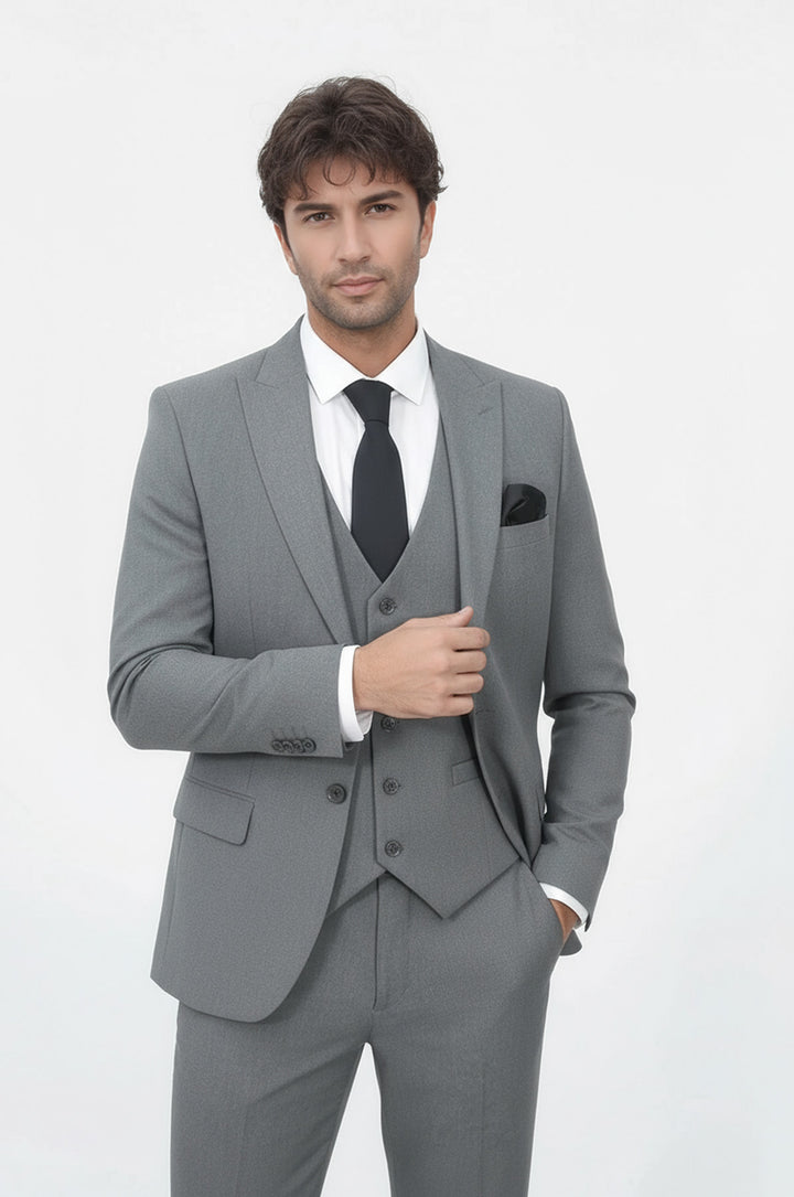 Tek Düğmeli Slim Fit Gri Yelekli Erkek Takım Elbise - Wessi