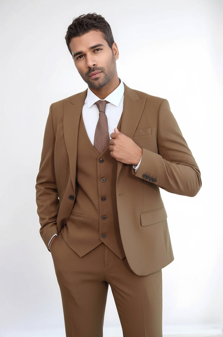 Tek Düğmeli Slim Fit Taba Yelekli Erkek Takım Elbise - Wessi