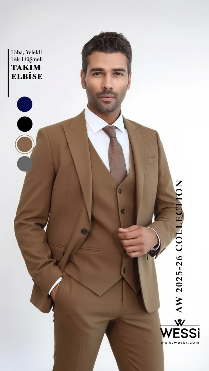 Tek Düğmeli Slim Fit Taba Yelekli Erkek Takım Elbise - Wessi
