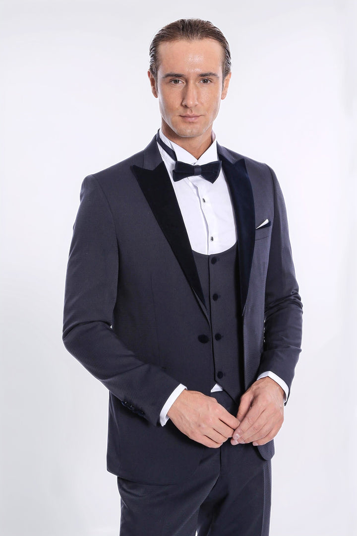 Velvet Yakalı Slim Fit Lacivert Erkek Damatlık - Wessi