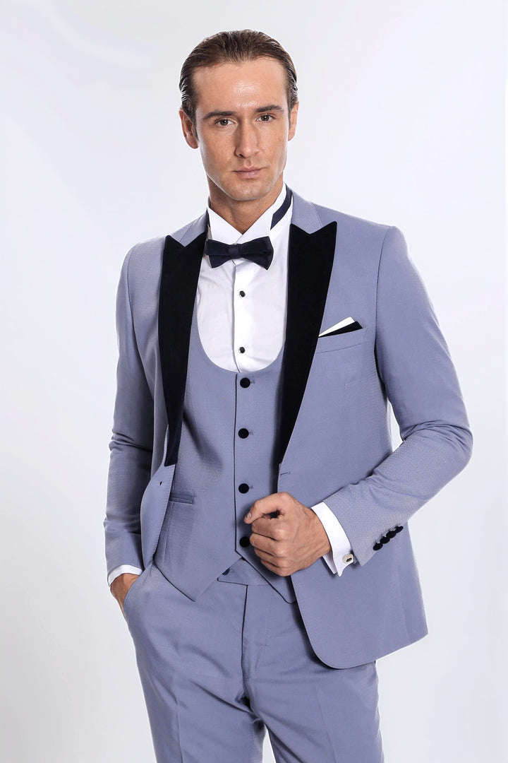 Kadife Yaka Slim Fit Açık Mavi Erkek Damatlık - Wessi
