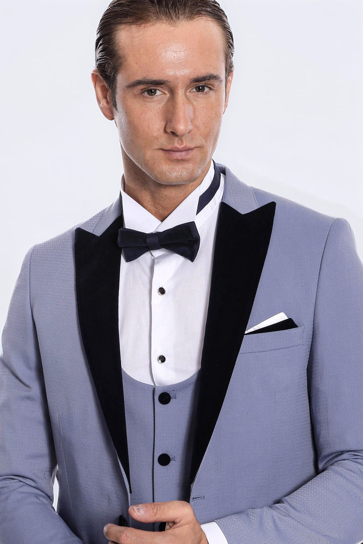 Kadife Yaka Slim Fit Açık Mavi Erkek Damatlık - Wessi
