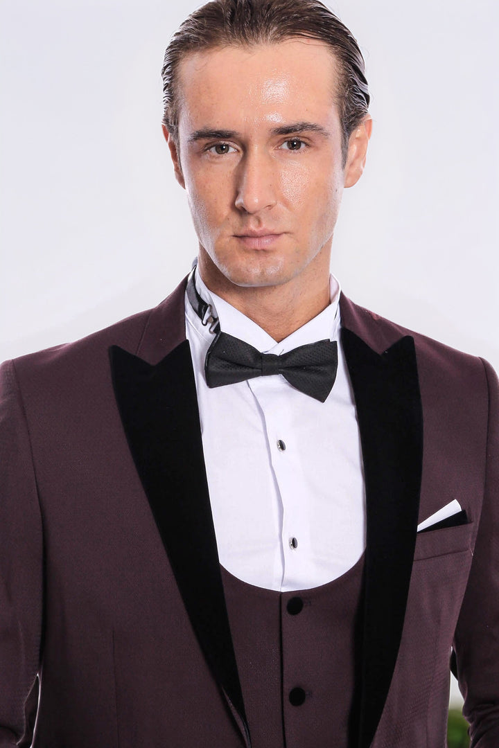 Kadife Yaka Slim Fit Bordo Erkek Damatlık - Wessi