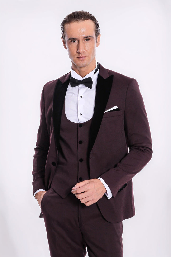 Kadife Yaka Slim Fit Bordo Erkek Damatlık - Wessi