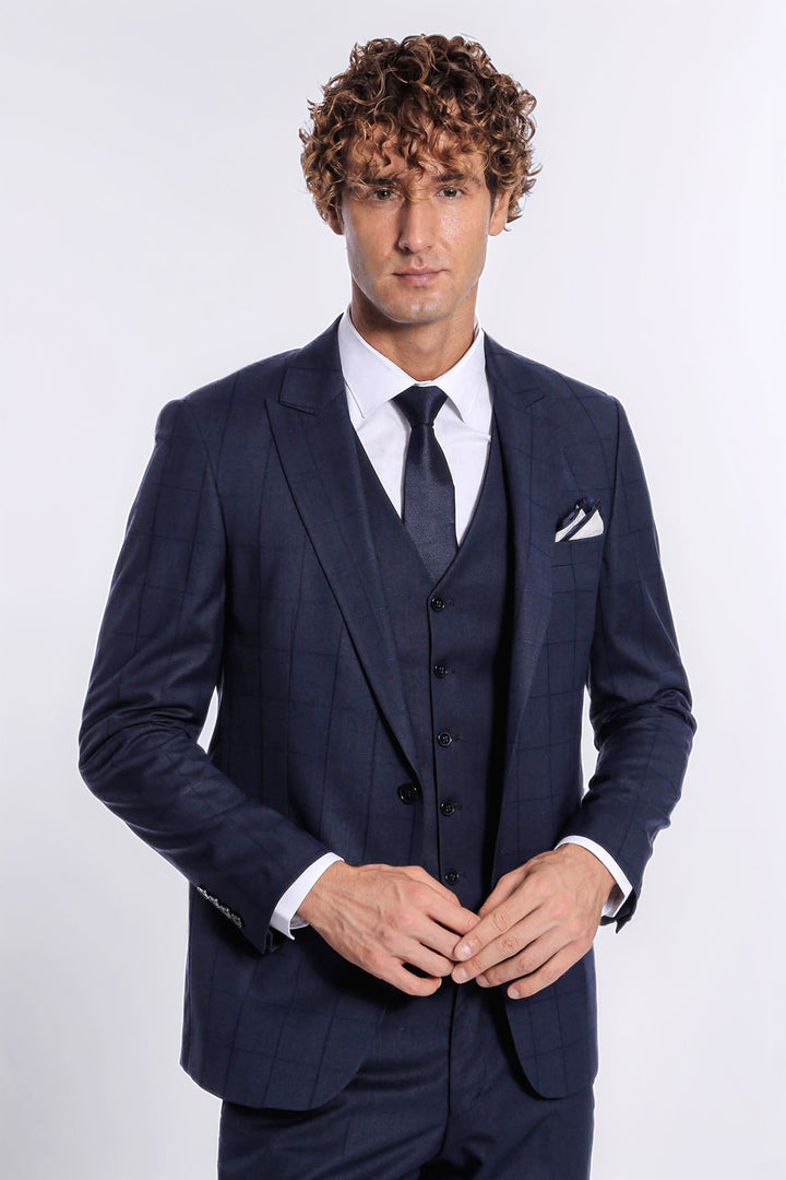 Ekose Desenli Yelekli Slim Fit Lacivert Erkek Takım Elbise - Wessi