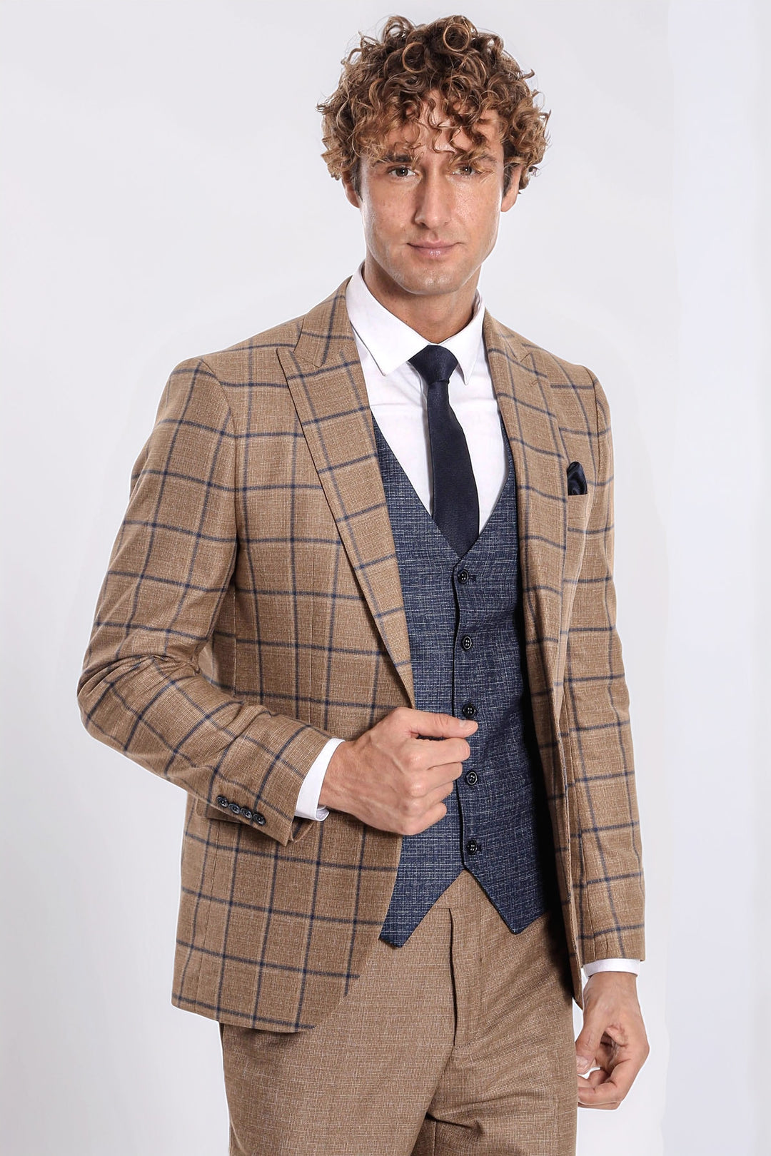 Ekose Ceketli Slim Fit Taba Erkek Takım Elbise - Wessi