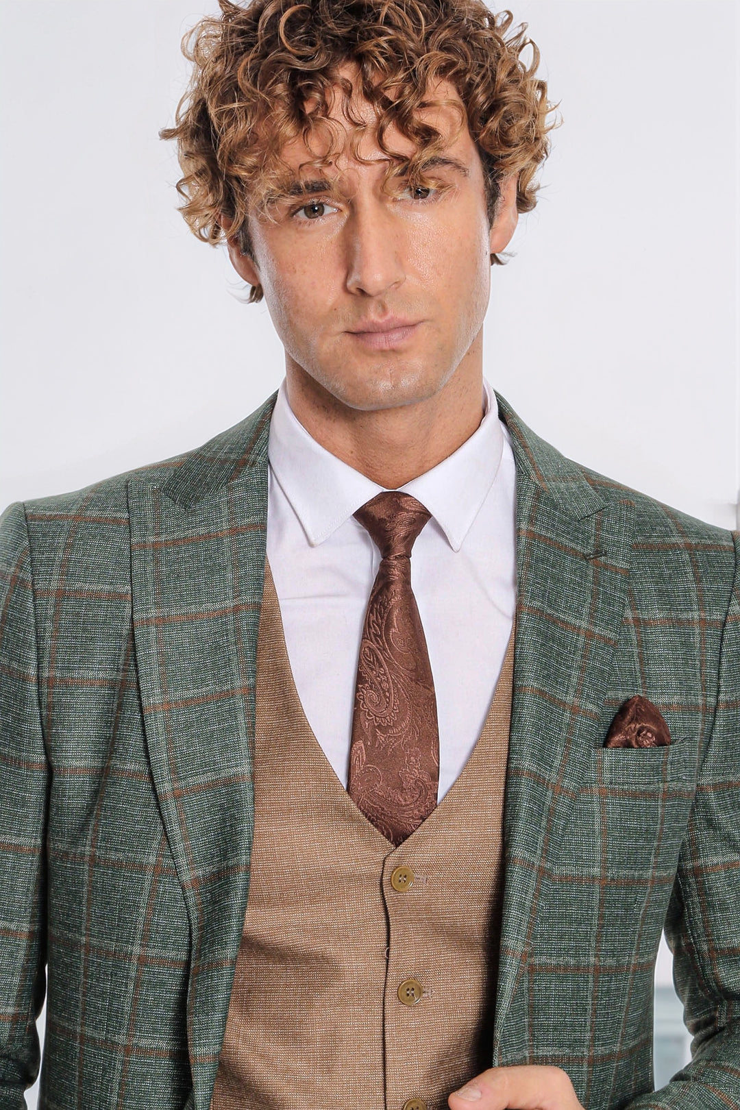 Ekose Ceketli Slim Fit Yeşil Erkek Takım Elbise - Wessi