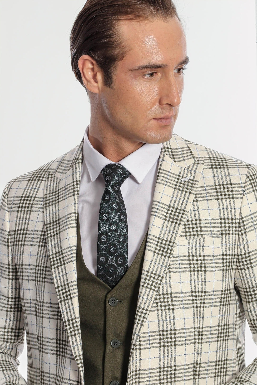 Ekose Ceketli Slim Fit Yeşil Erkek Takım Elbise - Wessi