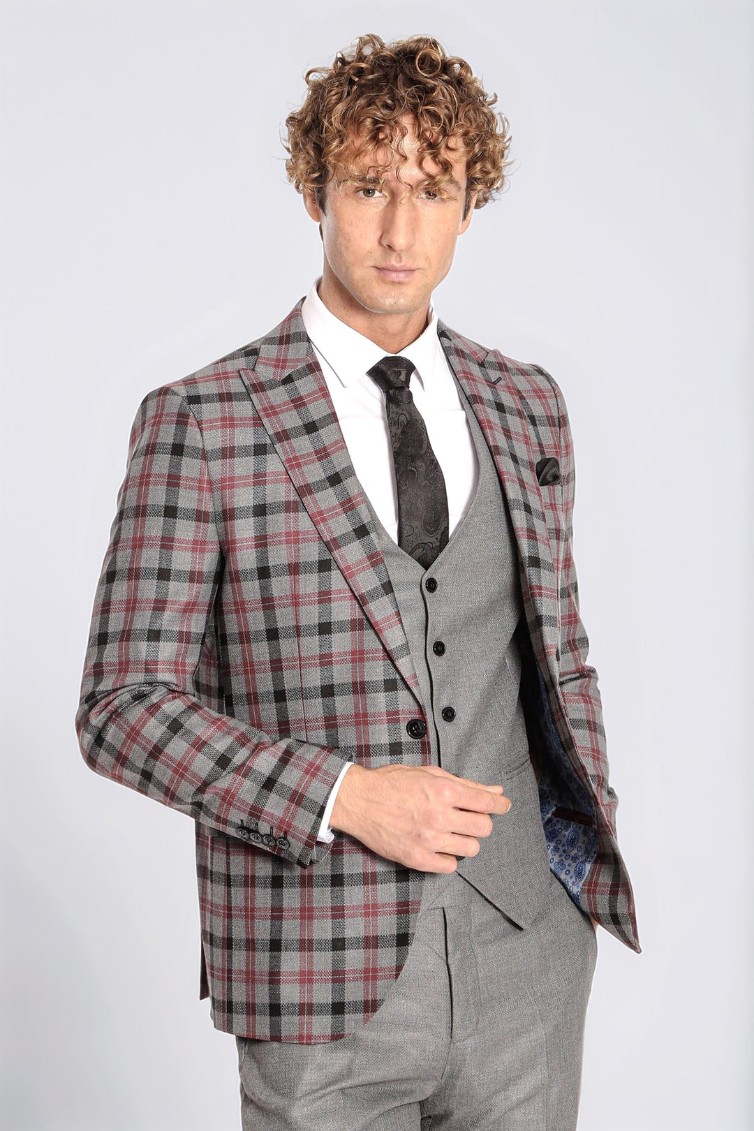 Ekose Ceketli Slim Fit Gri Erkek Takım Elbise - Wessi