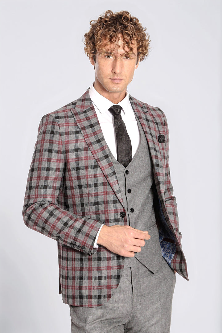 Ekose Ceketli Slim Fit Gri Erkek Takım Elbise - Wessi
