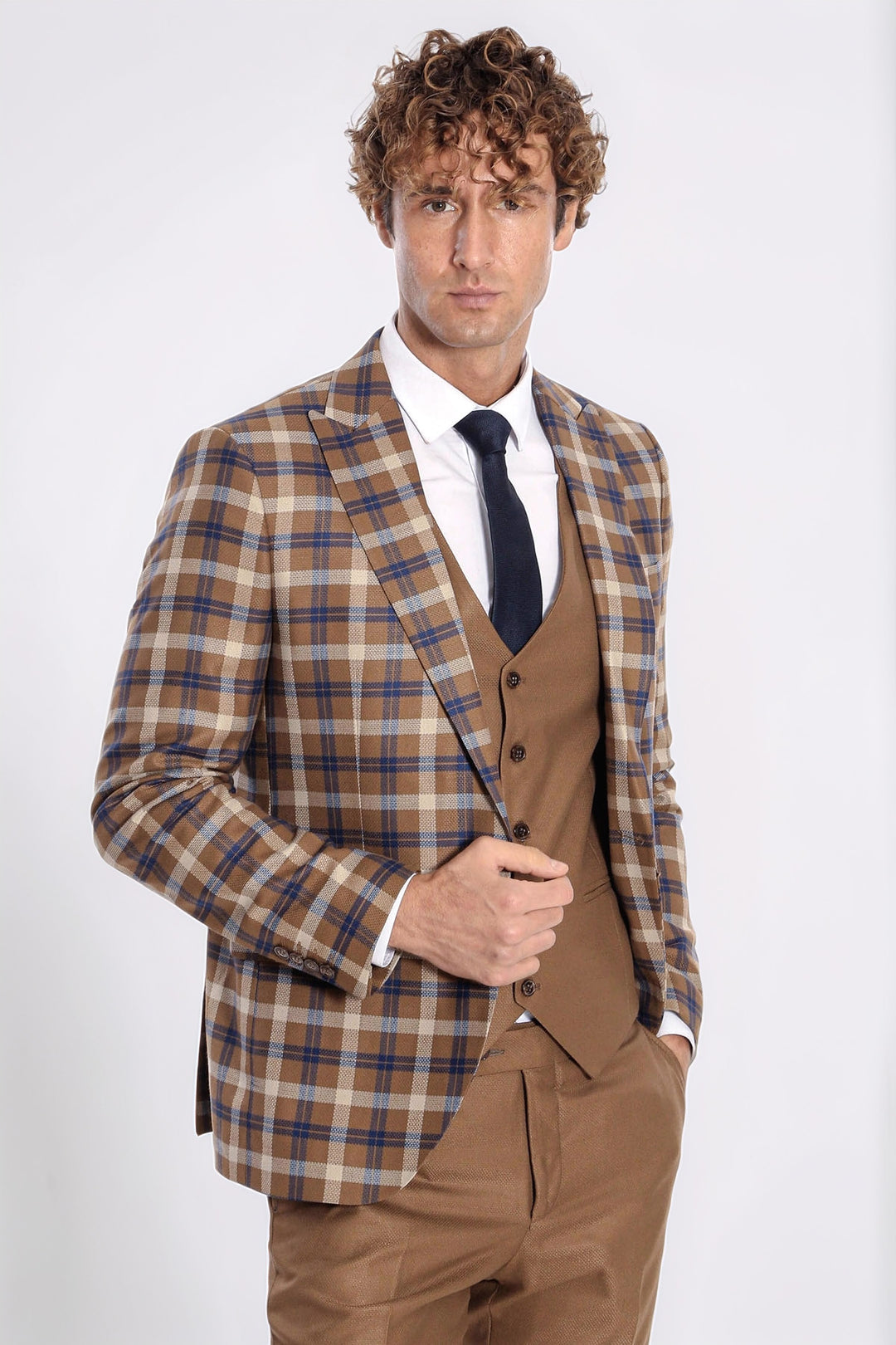 Ekose Ceketli Slim Fit Kahverengi Erkek Takım Elbise - Wessi