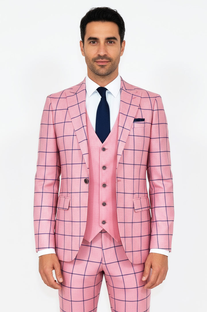 Ekose Ceketli Slim Fit Pembe Erkek Kombinli Takım Elbise - Wessi