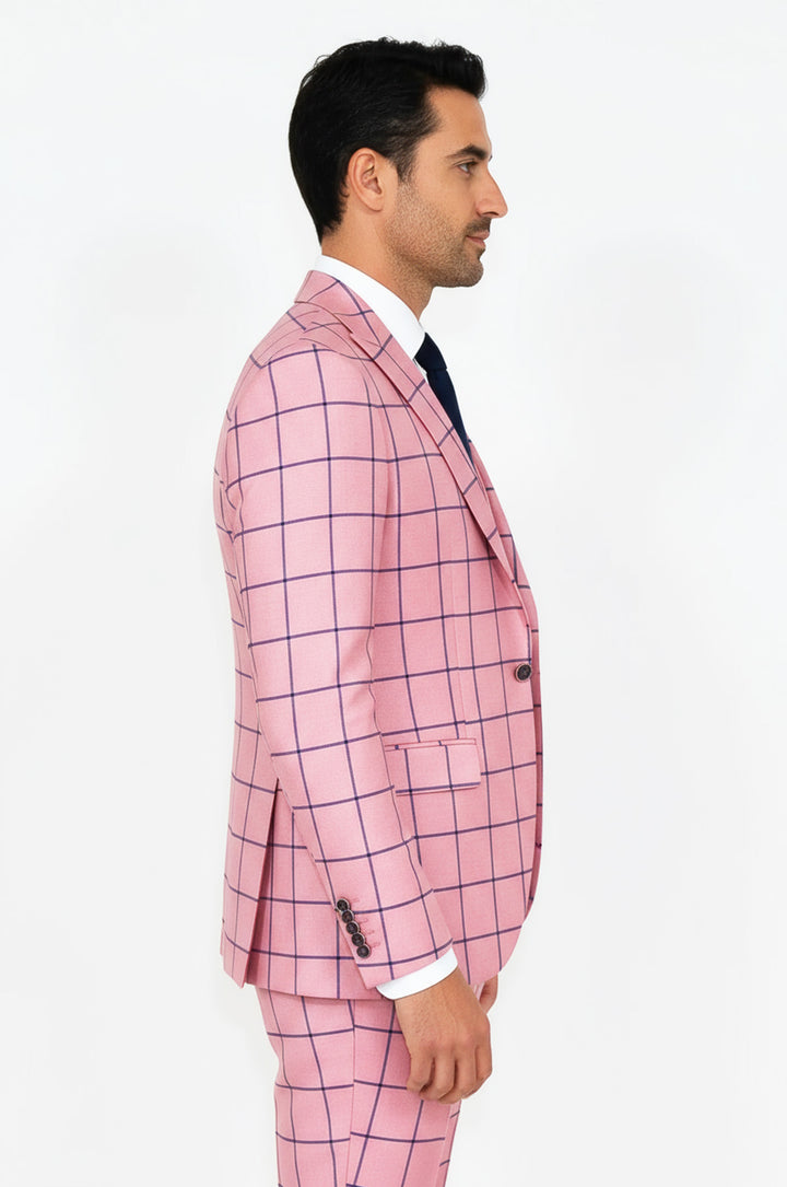 Ekose Ceketli Slim Fit Pembe Erkek Kombinli Takım Elbise - Wessi