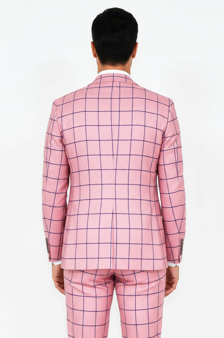 Ekose Ceketli Slim Fit Pembe Erkek Kombinli Takım Elbise - Wessi