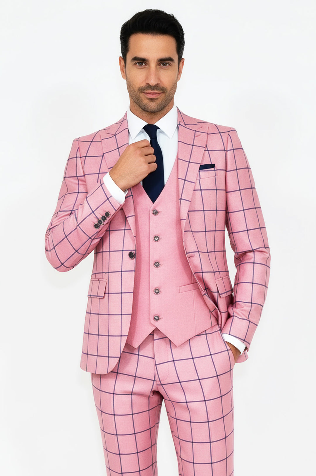 Ekose Ceketli Slim Fit Pembe Erkek Kombinli Takım Elbise - Wessi