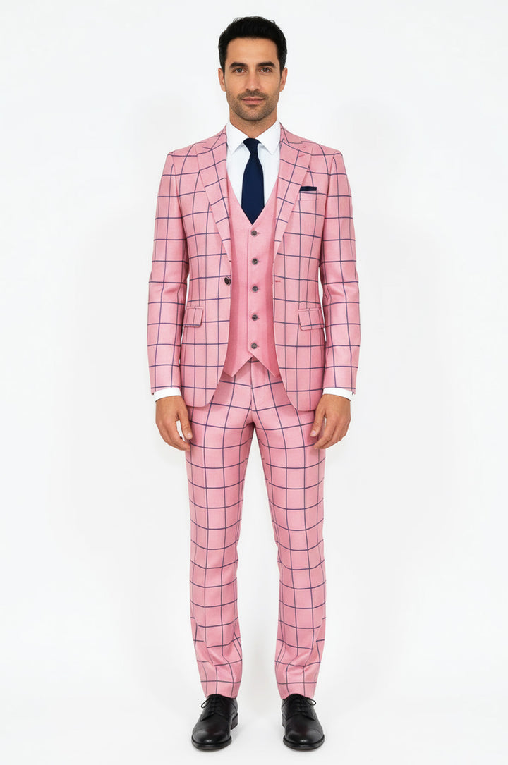 Ekose Ceketli Slim Fit Pembe Erkek Kombinli Takım Elbise - Wessi