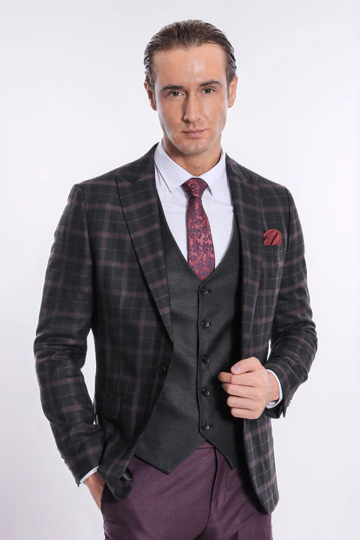 Mor Yelekli Slim Fit Ekose Siyah Erkek Takım Elbise - Wessi