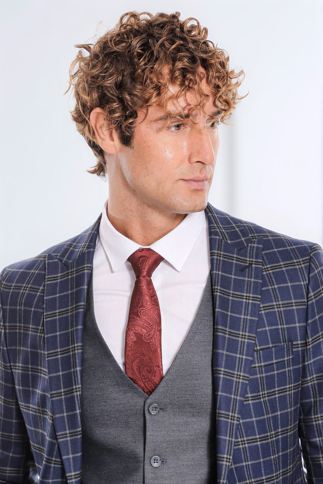 Mavi Yelekli Slim Fit Ekose Lacivert Erkek Takım Elbise - Wessi