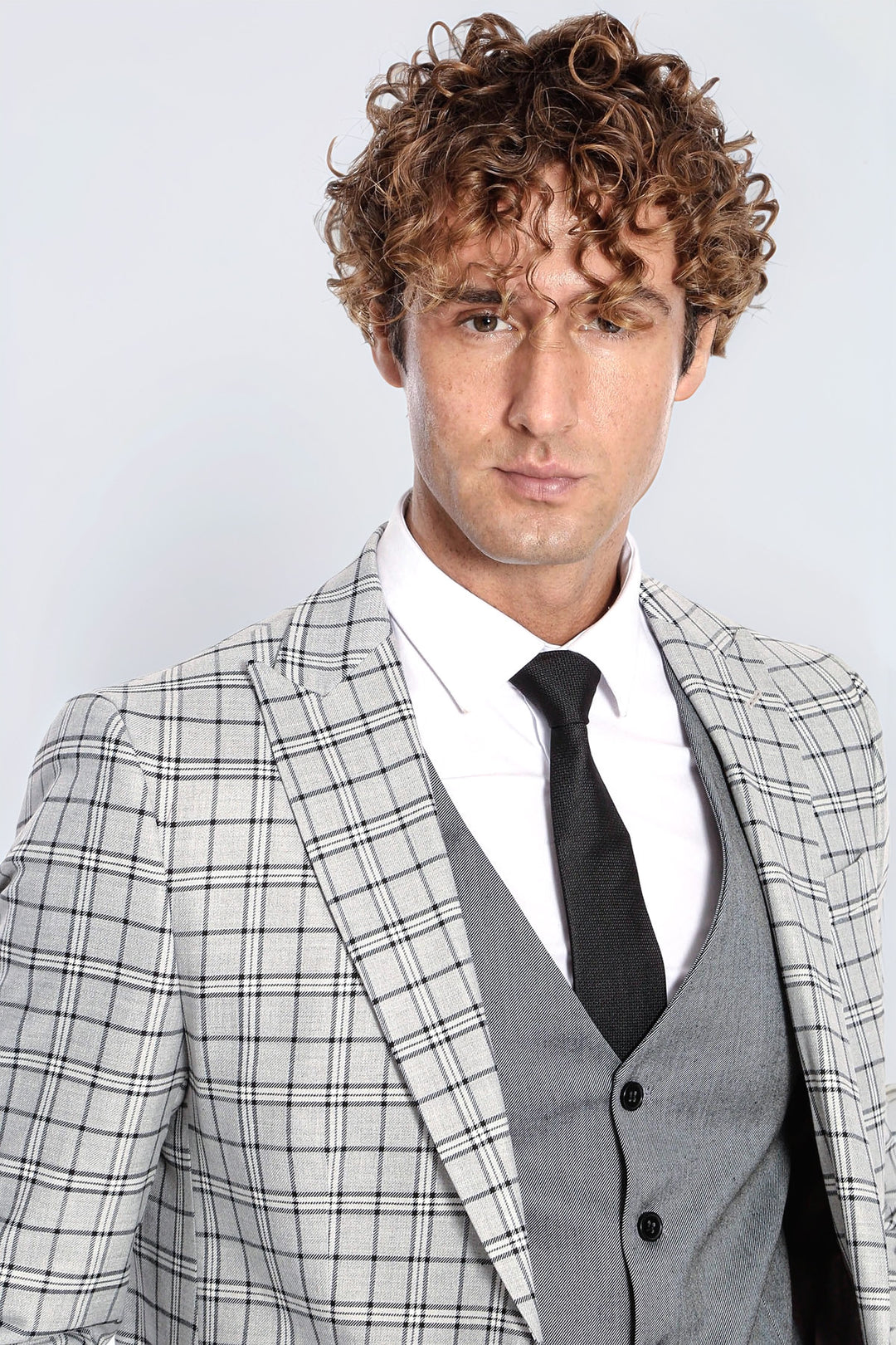 Gri Yelekli Slim Fit Ekose Açık Gri Erkek Takım Elbise - Wessi