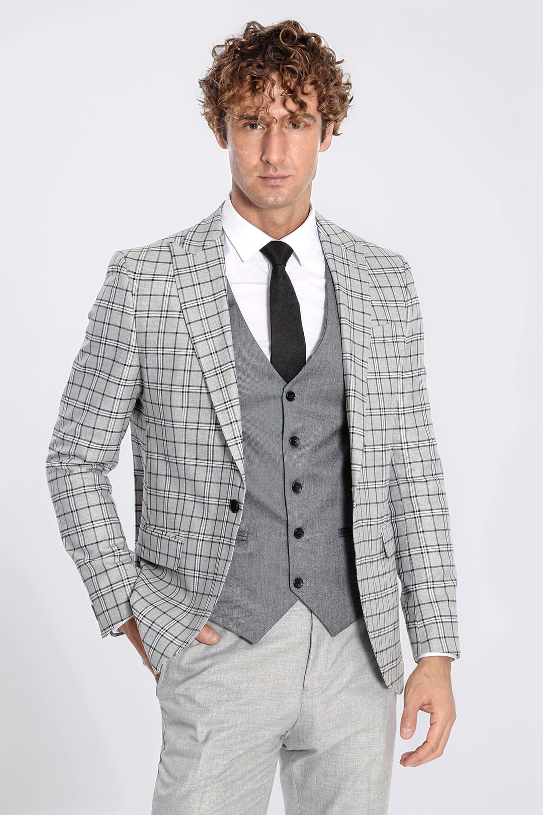 Gri Yelekli Slim Fit Ekose Açık Gri Erkek Takım Elbise - Wessi