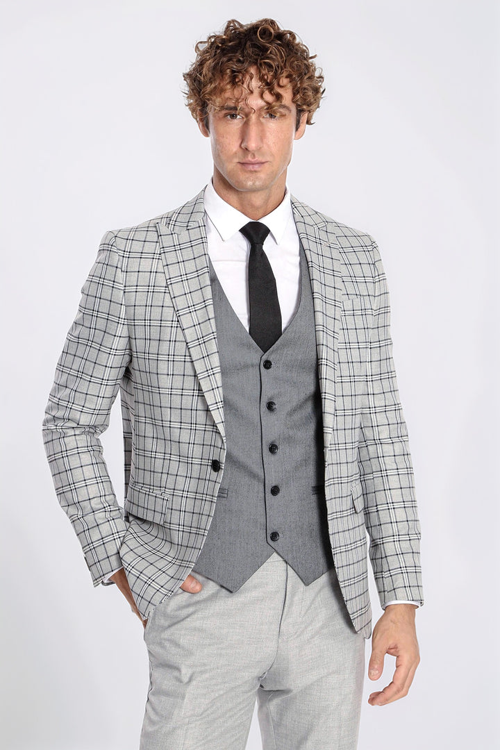 Gri Yelekli Slim Fit Ekose Açık Gri Erkek Takım Elbise - Wessi