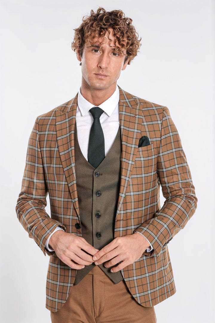 Kahverengi Yelekli Slim Fit Ekose Taba Erkek Takım Elbise - Wessi