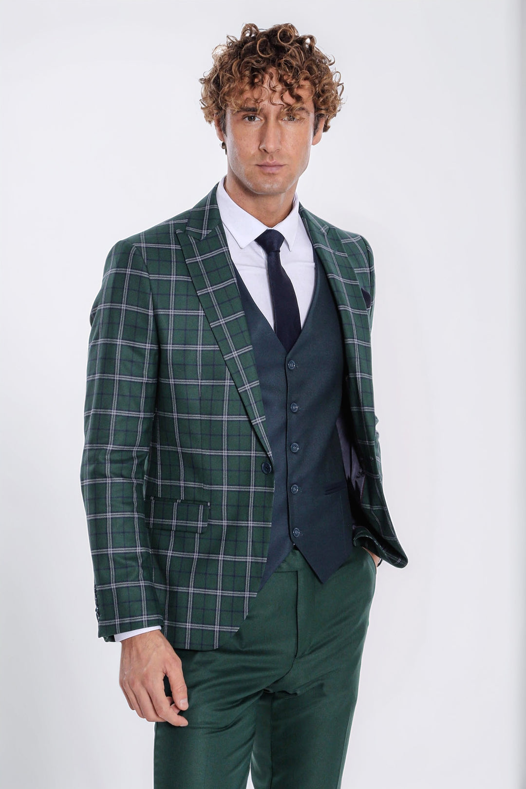 Mavi Yelekli Slim Fit Ekose Yeşil Erkek Takım Elbise - Wessi