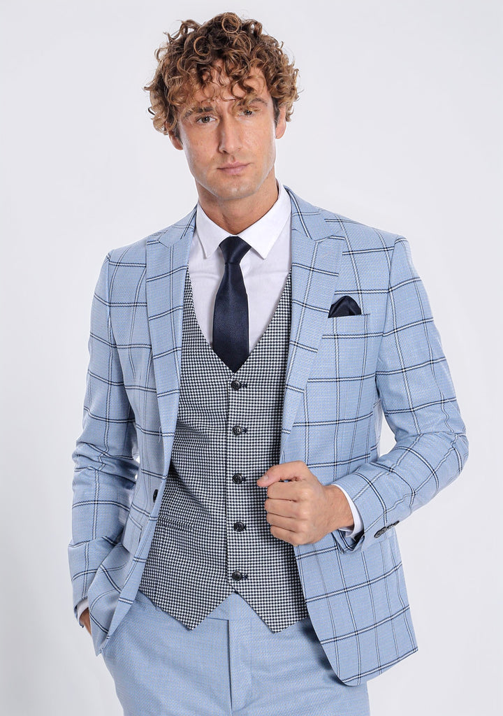 Ekose Desenli Dar Kesim Açık Mavi Erkek Takım - Wessi